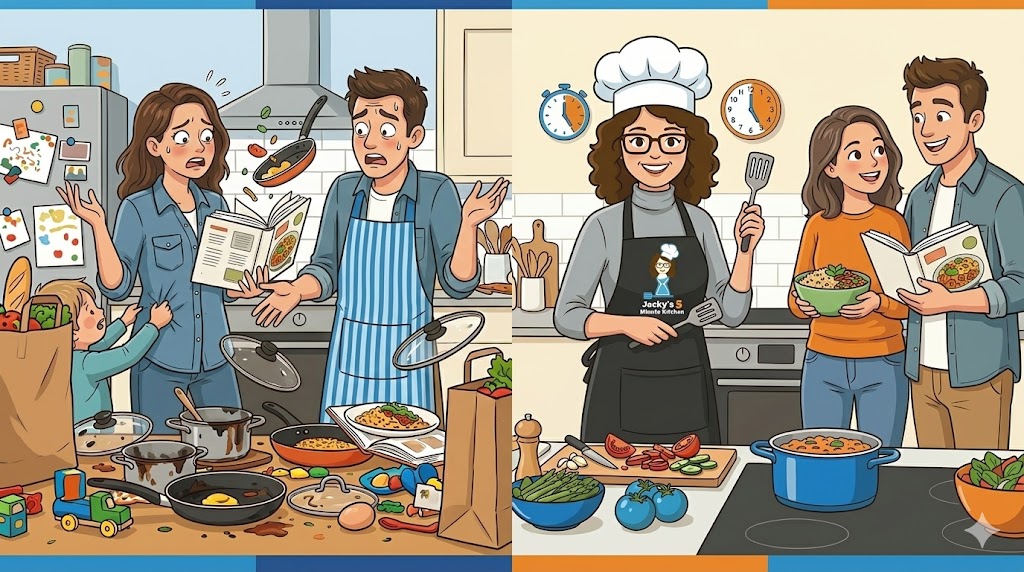 Illustration showing a chaotic family dinner scene transformed into a calm kitchen with Jacky