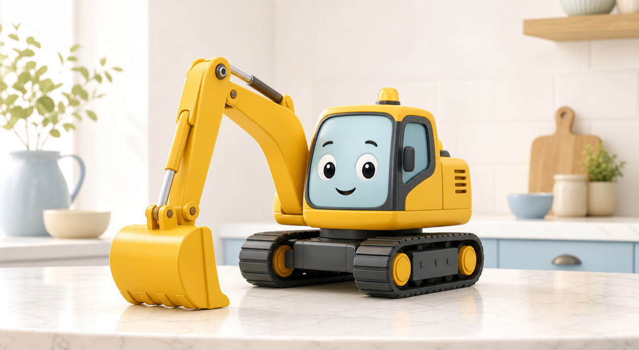 A friendly yellow digger in a bright kitchen